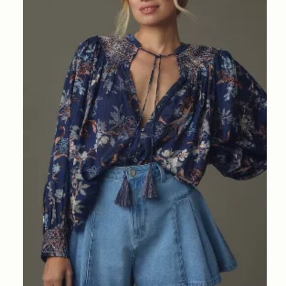 Brand New By Anthropologie Long-Sleeve Smocked Jacquard Top Blouse - Picture 4 of 7